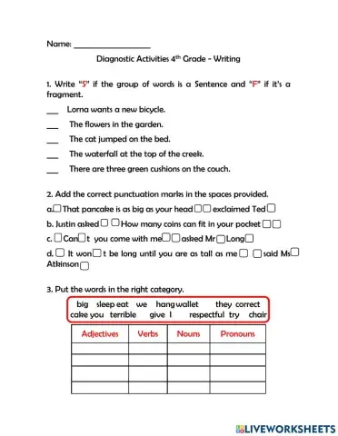 AB 4th Grade Writing Diagnostic Activities