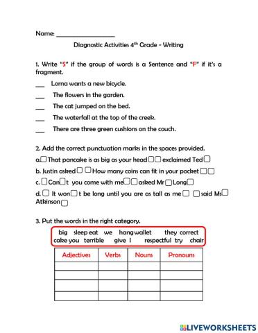 AB 4th Grade Writing Diagnostic Activities