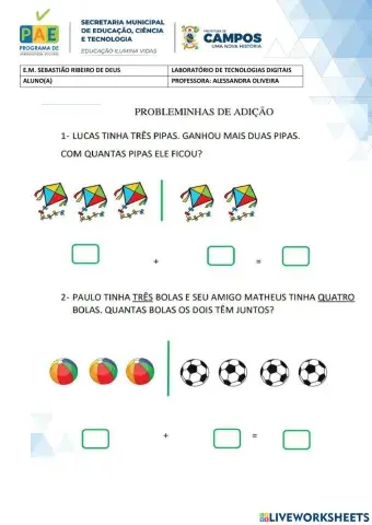 Probleminhas de adição e subtração 1º ano