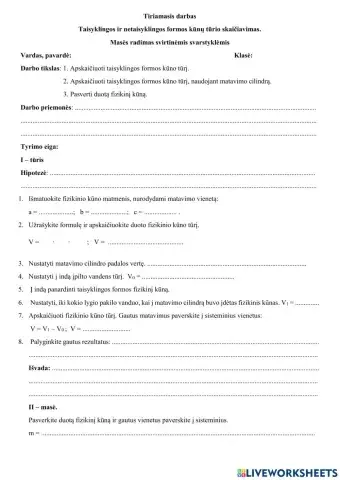 Tiriamasis darbas -Kūno tūrio ir masės radimas-