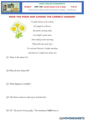 JCERT English class 6 Unit 10 b ' I would choose to be a daisy'