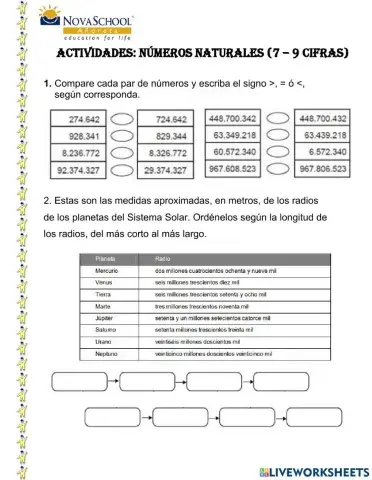 Número naturales comparación, ordenación, anterior y posterior