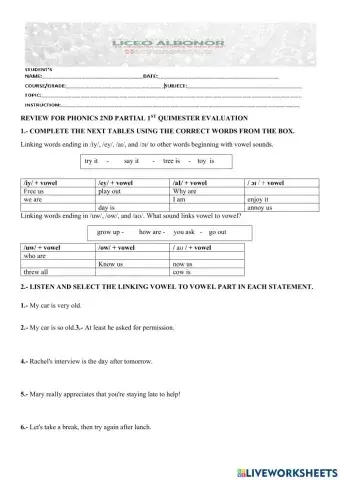 Phonics review Vowel to Vowel linking