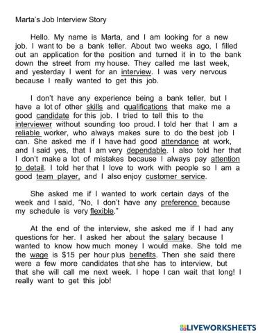 Marta's Job Interview Story - Vocabulary Drag&Drop