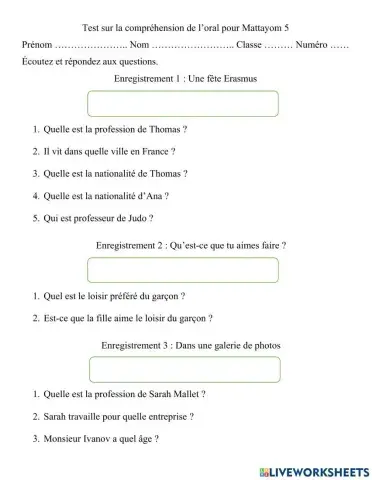 Test sur la compréhension de l'oral A1