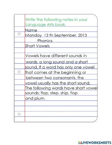 Short Vowels Notes