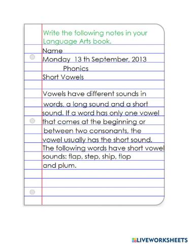 Short Vowels Notes