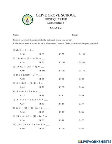 Quiz 1.2 in Mathematics 5