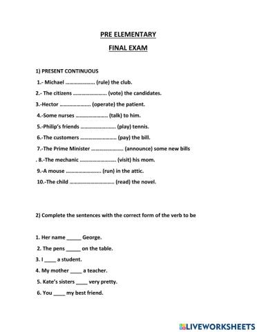PRE ELEMENTARY FINAL EXAM NUEVO