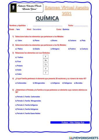 Examen 1ero Sec Quimica