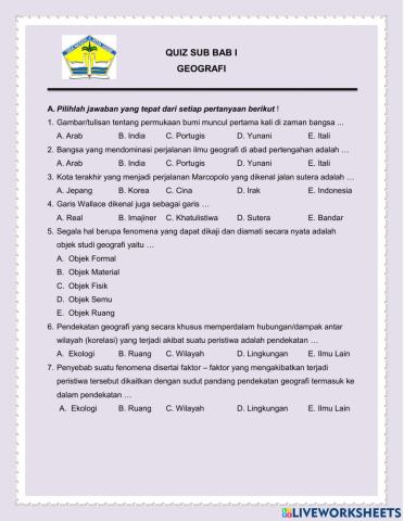 Quiz Sub Bab I Geografi