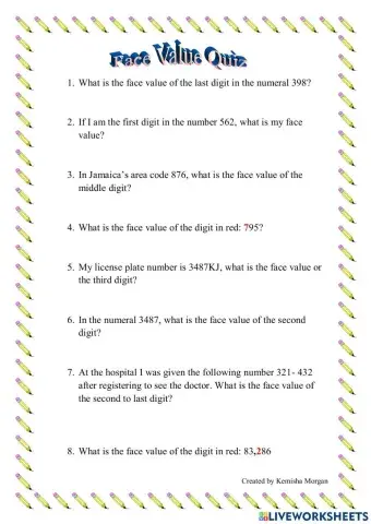Face Value Worksheet
