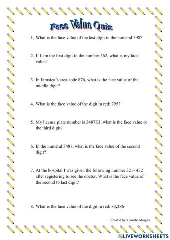 Face Value Worksheet