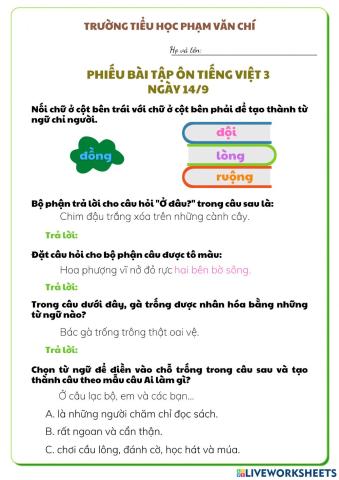 Phiếu BT ôn Tiếng Việt 3 ngày 14-9