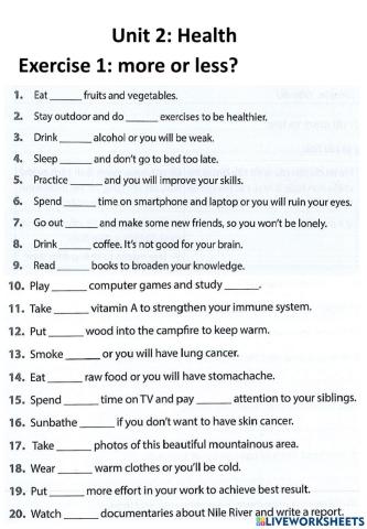 English 7-Unit 2: Health: Imperatives with more- less