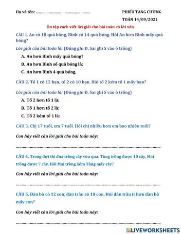 Ôn tập: Viết lời giải cho bài toán có lời văn