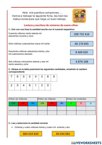 Lectura y escritura de numeros de 9 cifras