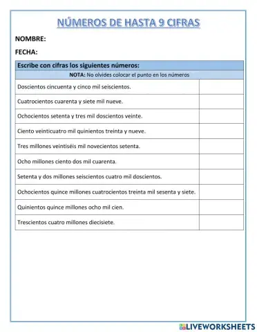 Números de hasta 9 cifras