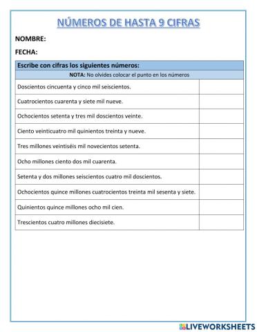 Números de hasta 9 cifras