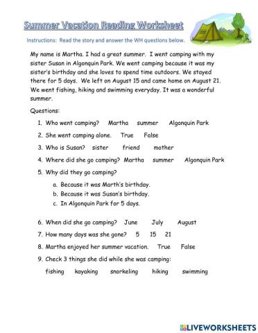 Summer Vacation Reading WH Questions