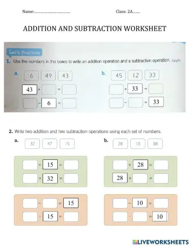 Addtition and Subtraction Worksheet