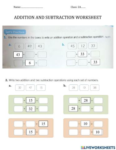 Addtition and Subtraction Worksheet