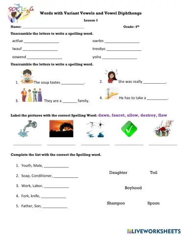 Words with Variant Vowels and Vowel Diphthongs