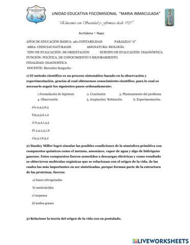 Evaluación diagnóstica 2do Bachillerato