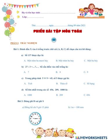 T3-ÔN TẬP LỚP 2 LÊN LỚP 3