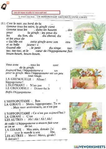 Completez le text avec les bons mots - Un hippopotame amoureux d'une girafe - track 1