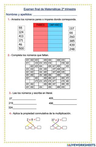 Evaluación final de matemáticas 2do trimestre