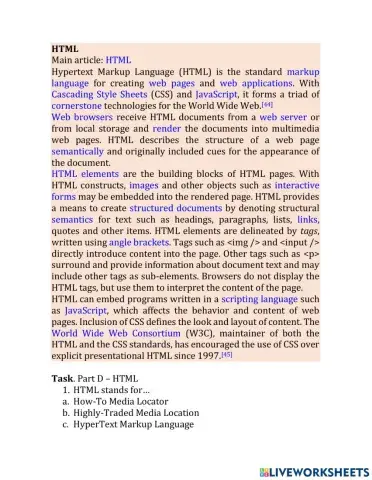 HTML Text reading comprehension activity