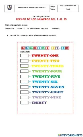 Taller de numeros en ingles