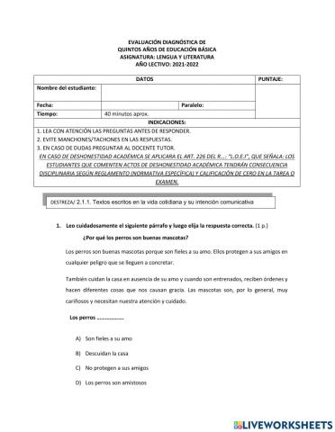 Evaluación diagnóstica Lenguaje