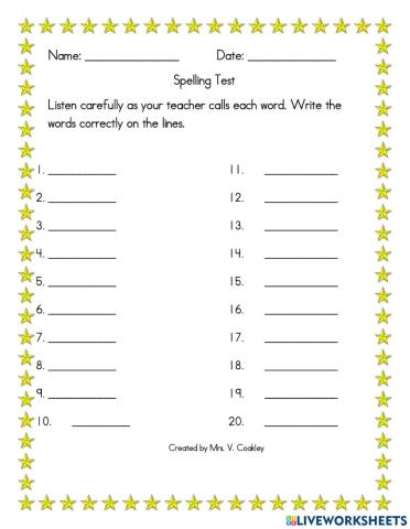 Spelling Test Worksheet