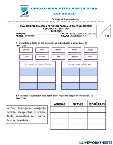 Evaluación sumativa del segundo parcial de Lengua y Literatura