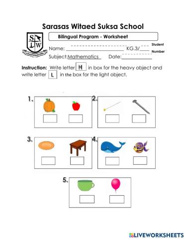 Heavy and light worksheet