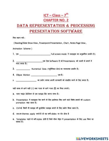 ICT – Class – 7th CHAPTER NO. 2  Data Representation & Processing Presentation software