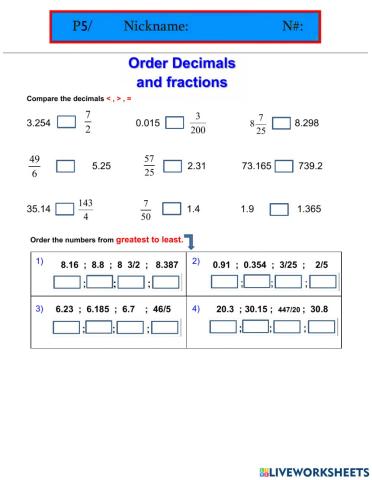 Compare order decimals and fractions