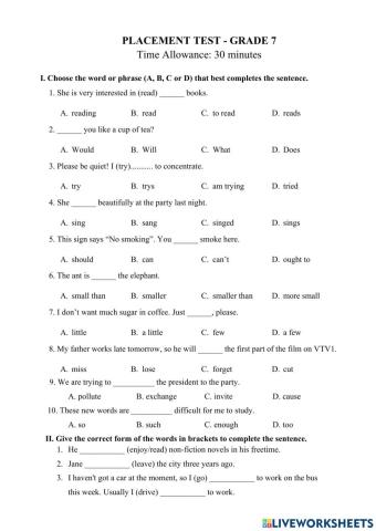 Placement test - Grade 7