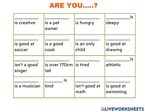 Verb to be - Questions Bingo