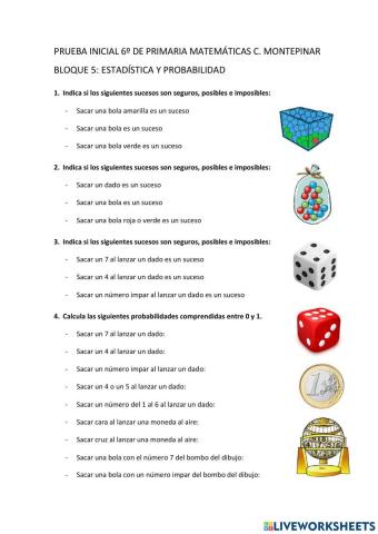 Prueba inicial  6º Primaria Matemáticas C.Montepinar  Bloque 5 Estadística y probabilidad