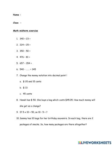 Math Exercise - Grade 3 (EASE 1)