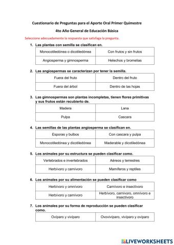 Cuestionario 1er Quimestre 4to EGB