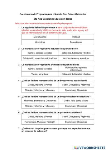 Cuestionario 1er Quimestre 6to EGB