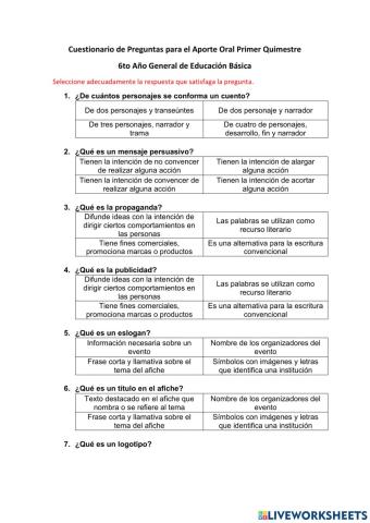 Cuestionario 1er Quimestre 6to EGB Lenguaje