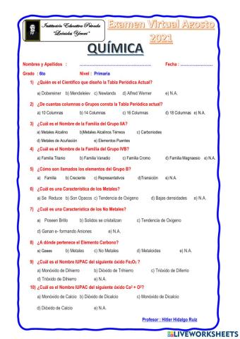 Examen Química 6to Prim