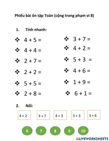 Bài ôn tập cộng trong phạm vi 10
