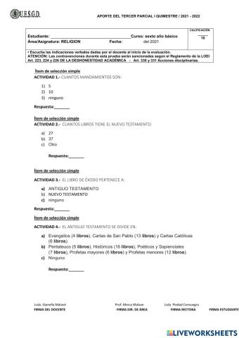 Evaluación tercer parcial RELIGIÓN