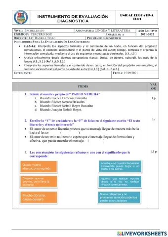 Prueba de diagnóstico de Lengua y Literatura